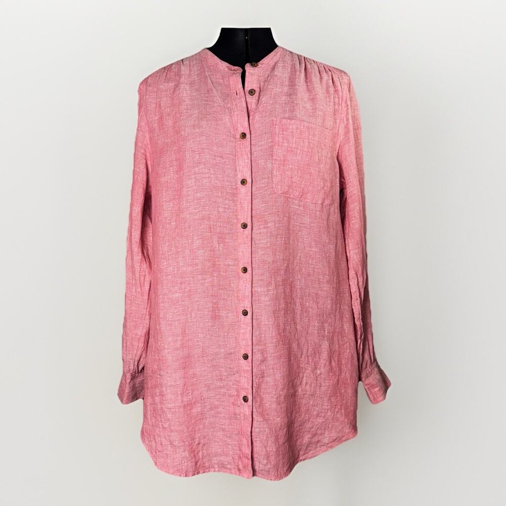 Lands' End 100% Linen MED‎ 8-10 Long Sleeve Shirt Mini Dress Pink Button Pockets
